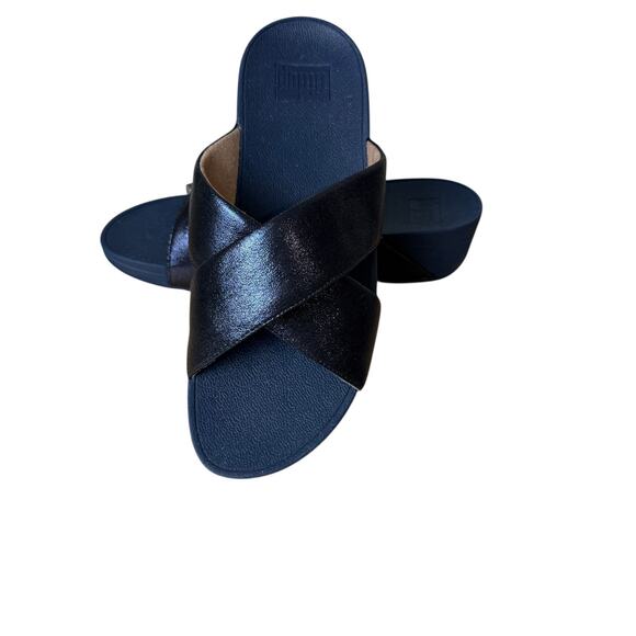 FitFlop NWOBox Womens Lulu Cross Glitz Slide Shoe Navy Blue Metallic 9M Comfort - Picture 14 of 14